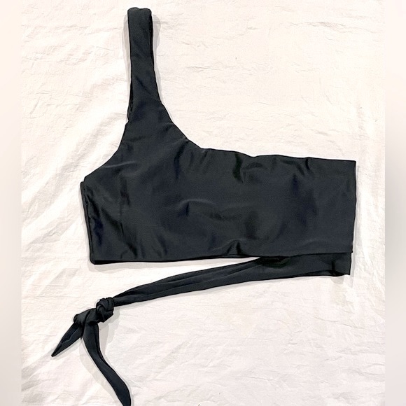 SIDE TIE SWIM TOP black One Shoulder bikini bathing suit top (only) sizeL NEW - Picture 3 of 8